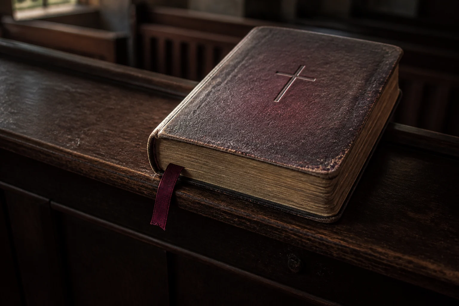 A worn Bible resting on a wooden pew