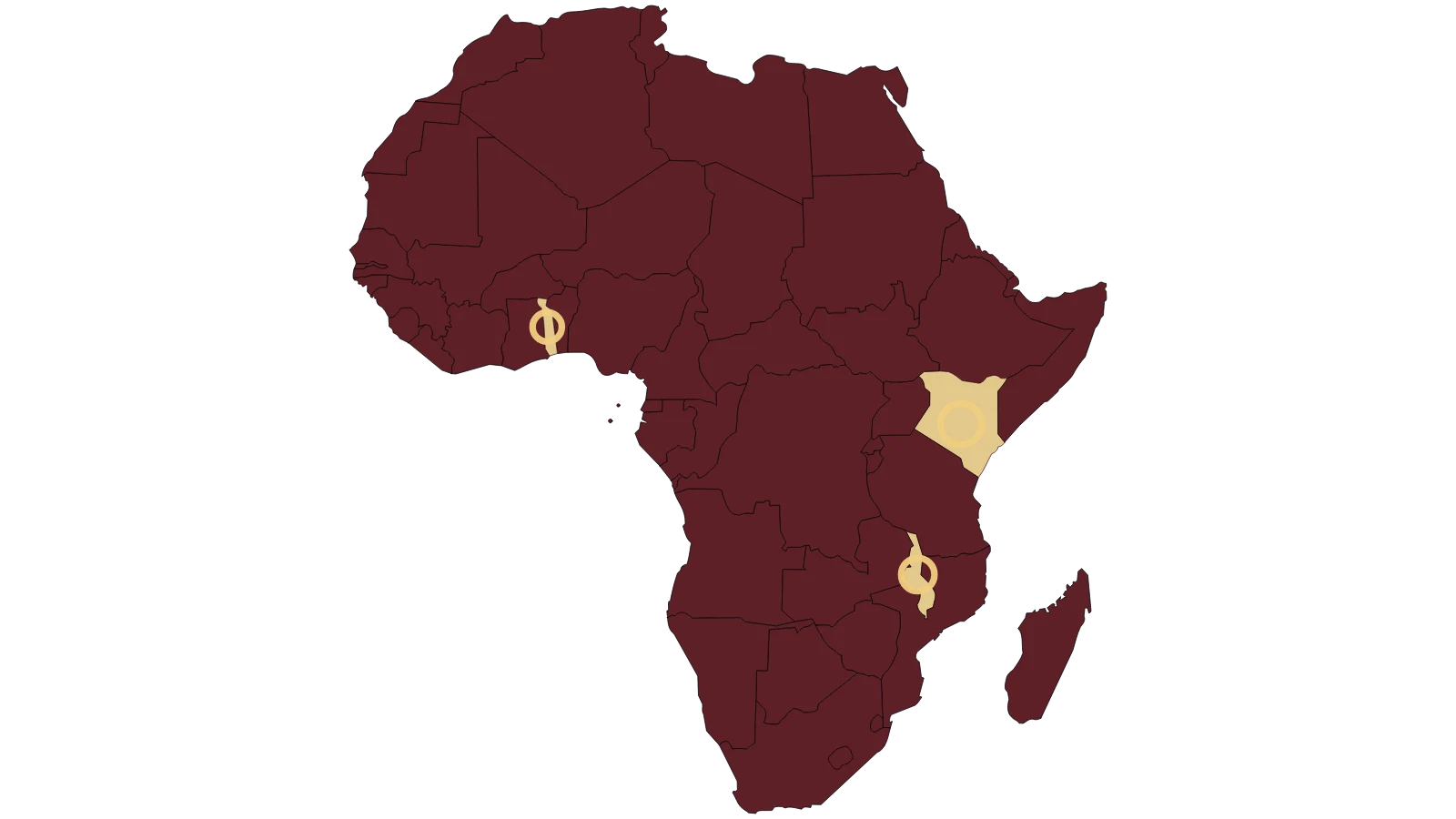 Map of Africa highlighting Togo, Malawi, and Kenya