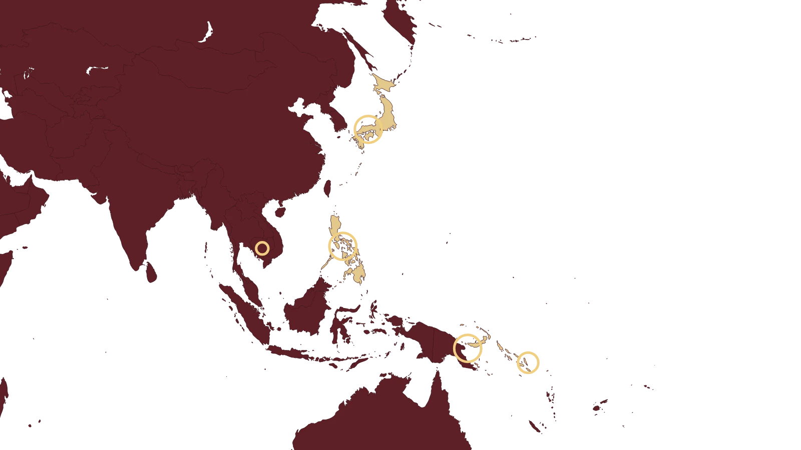 Map highlighting the Philippines, Cambodia, Solomon Islands, Papua New Guinea, and Japan