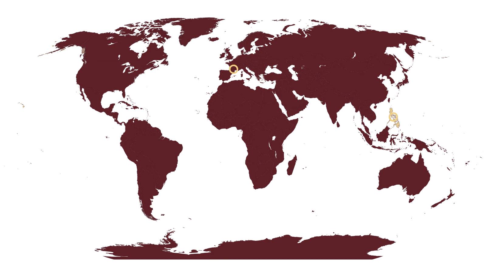 World map highlighting the United States and Philippines while representing international fields